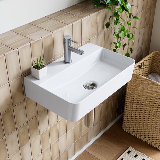 Lavabo blanc en céramique, monté au mur, avec robinet et petite plante.
