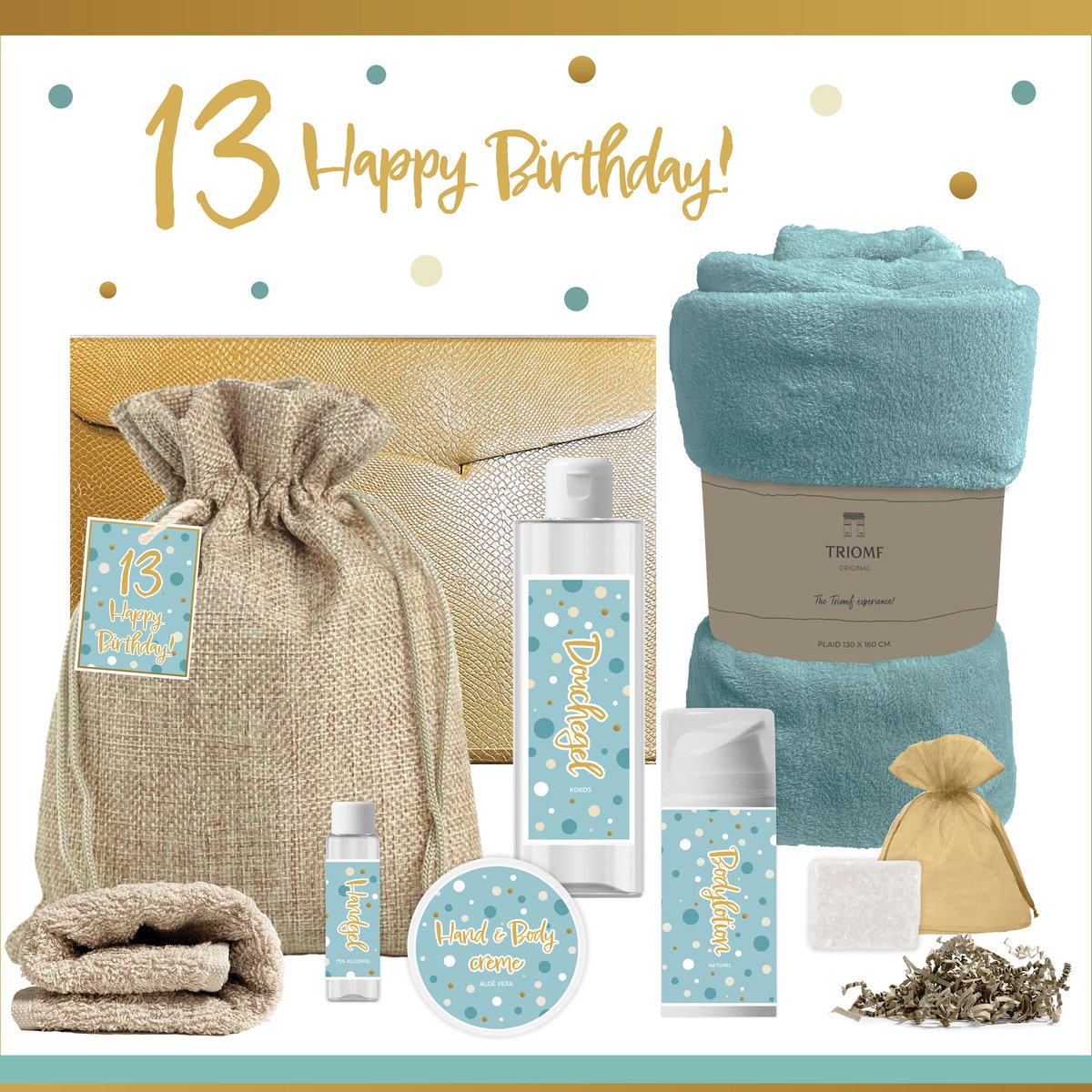 Geschenkset “13 Happy Birthday!” - 8 producten - 1210 gram | Luxe Cadeaubox voor haar - Wellness Pakket Meisje - Giftset Party - Cadeaupakket Dertien Jarige - Verjaardag Gefeliciteerd - Cadeau Speciaal Feestje - Gift Set Turquoise