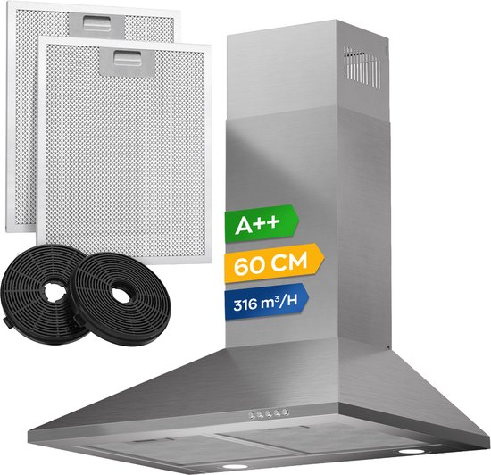 Heinrich’s HDU 7625 60cm Afzuigkap RVS - inclusief set koolstoffilters – 334m3 - energieklasse A++
