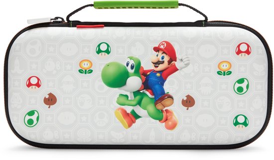 Witte Nintendo Switch-hoes met Mario en Yoshi erop, en patronen van paddenstoelen en bloemen.