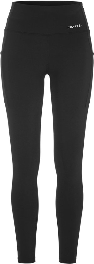 Zwarte Craft sportlegging met hoge taille, zijzakken en het Craft logo op de linkerheup.