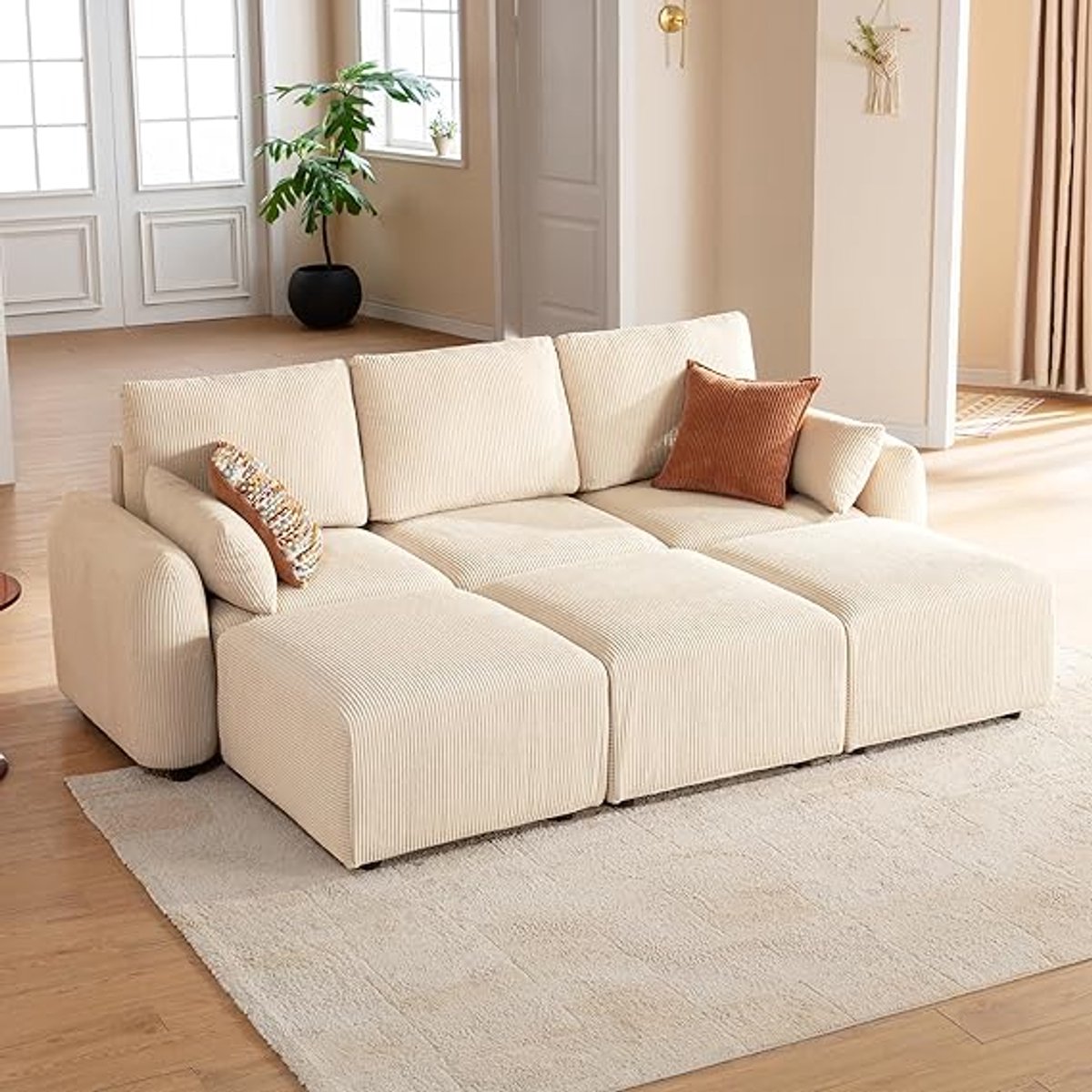 Modulaire 3-Zits Hoekbank 254 cm Crème-Wit – Moderne Slaapbank Corduroy met Kruk, Zeer Dicht Traagschuim, Flexibel Configureerbaar als L- of U-Vormig Zitlandschap – Pauwhome