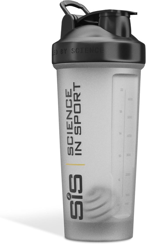 Transparante SiS shaker van 600ml met zwarte deksel en een maatverdeling. "SCIENCE IN SPORT" tekst op de zijkant.