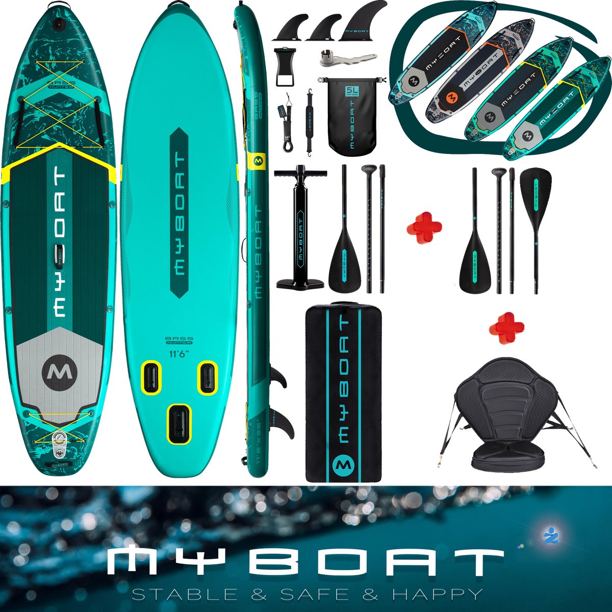 Luxe zeer complete set | BassHunter Kajak Peddel Board | 350cm lang MyBoat SUP Board Set met 5cm hoog stevig zitje plus tweede extra 4 delige peddel voor kano ervaring | 2 personen | Samen Stand Up peddelen | 168 Kg belastbaar gewicht | kajakken