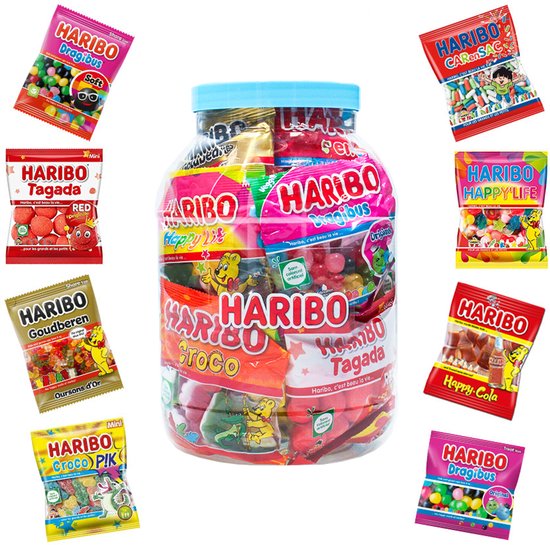 Haribo Mega-Fête 1kg snoep mix - XL snoeppot met uitdeelzakjes - snoepzakjes voor verjaardagsfeestjes