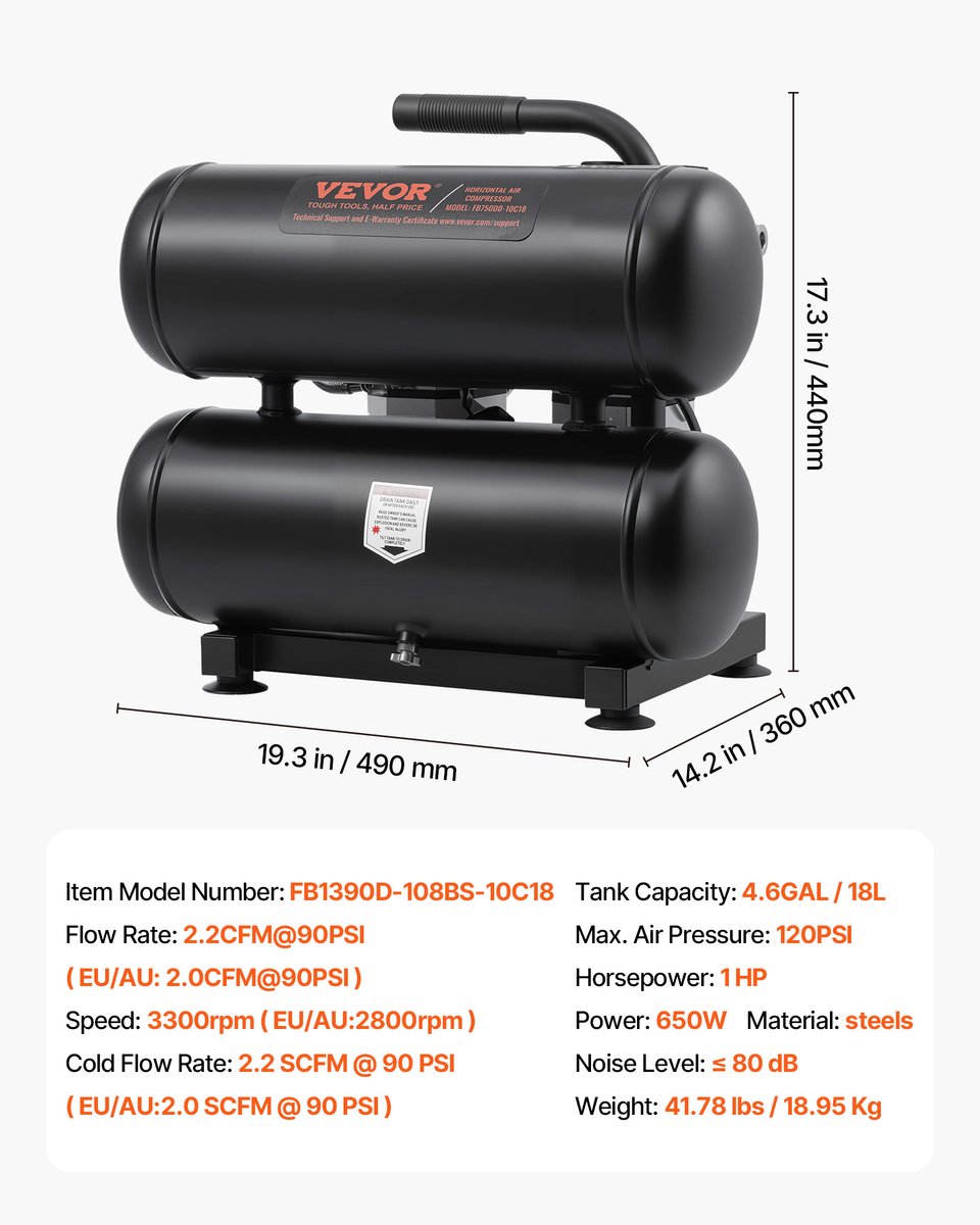 VEVOR Compressor 18l Luchtcompressor 120psi Perslucht 650w Fluistercompressor – foto 3