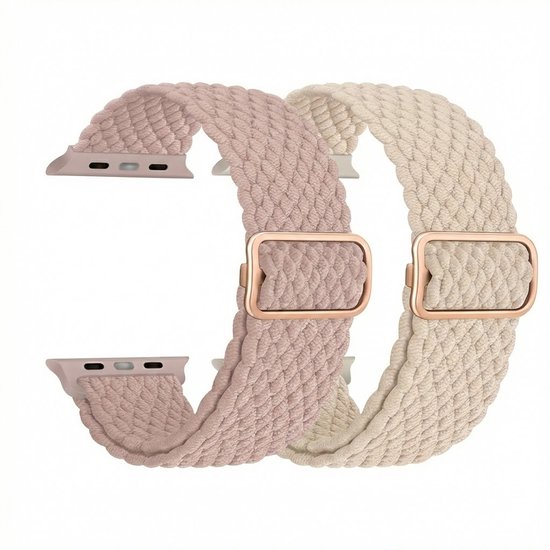 Bracelet de montre nylon beige rose 2 pack femmes hommes compatible avec Apple Watch 42 mm (série 1 / 2 / 3) / 44 mm / 45 mm / 46 mm (série 10 / 11) / 49 mm (Ultra 1 / 2 / 3) – bracelet extensible – style tressé ajustable