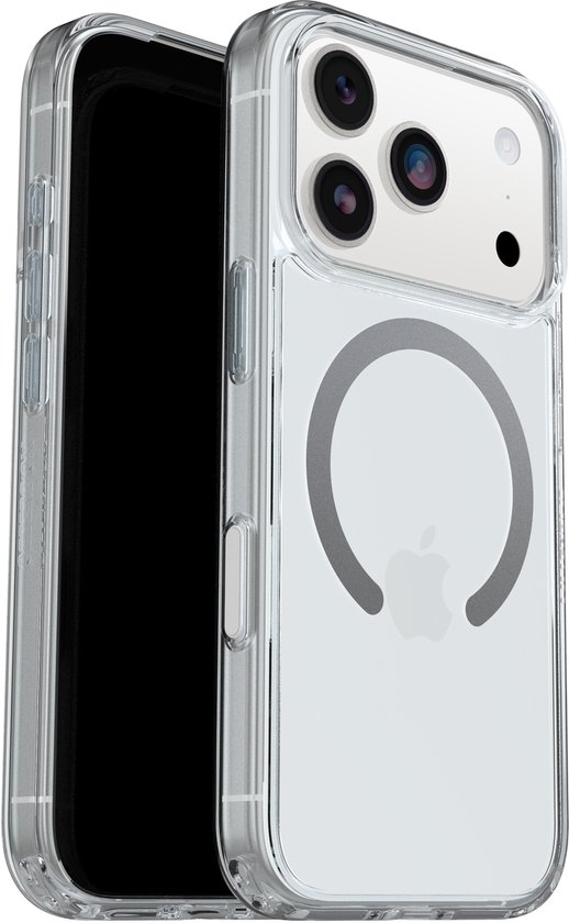 Transparante Otterbox Symmetry hoes met MagSafe-ring, passend voor iPhone 17 Pro.