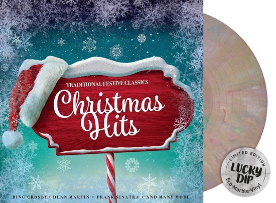 LP-hoes met kerstborden, Santa hoed en "Christmas Hits" tekst. Limited Edition Lucky Dip Eco-Marble-Vinyl.