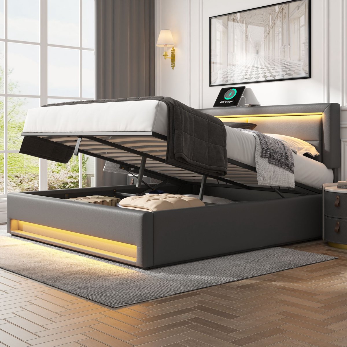 OKWISH Gestoffeerd Bed 160x200 cm – Met Usb Opladen En Led Verlichting – Met Opbergruimte – Zonder Matras – Pu – Grijs