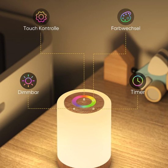 USB Oplaadbaar Nachtlampje - Warm Licht & RGB Kleuren - Timer - Nachtlampje voor de Slaapkamer - Sfeerlamp - LED verlichting - Leeslamp - Tafellamp - Bedlamp - Dimbaar - Touch Control - Houtnerf van Merkloos — afbeelding 4