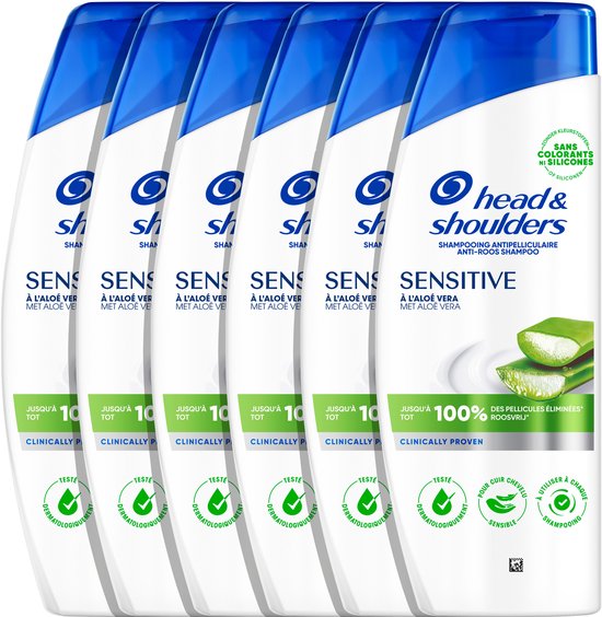 Lot de six bouteilles de shampoing Head & Shoulders Sensitive à l'aloe vera. 100% sans pellicules.