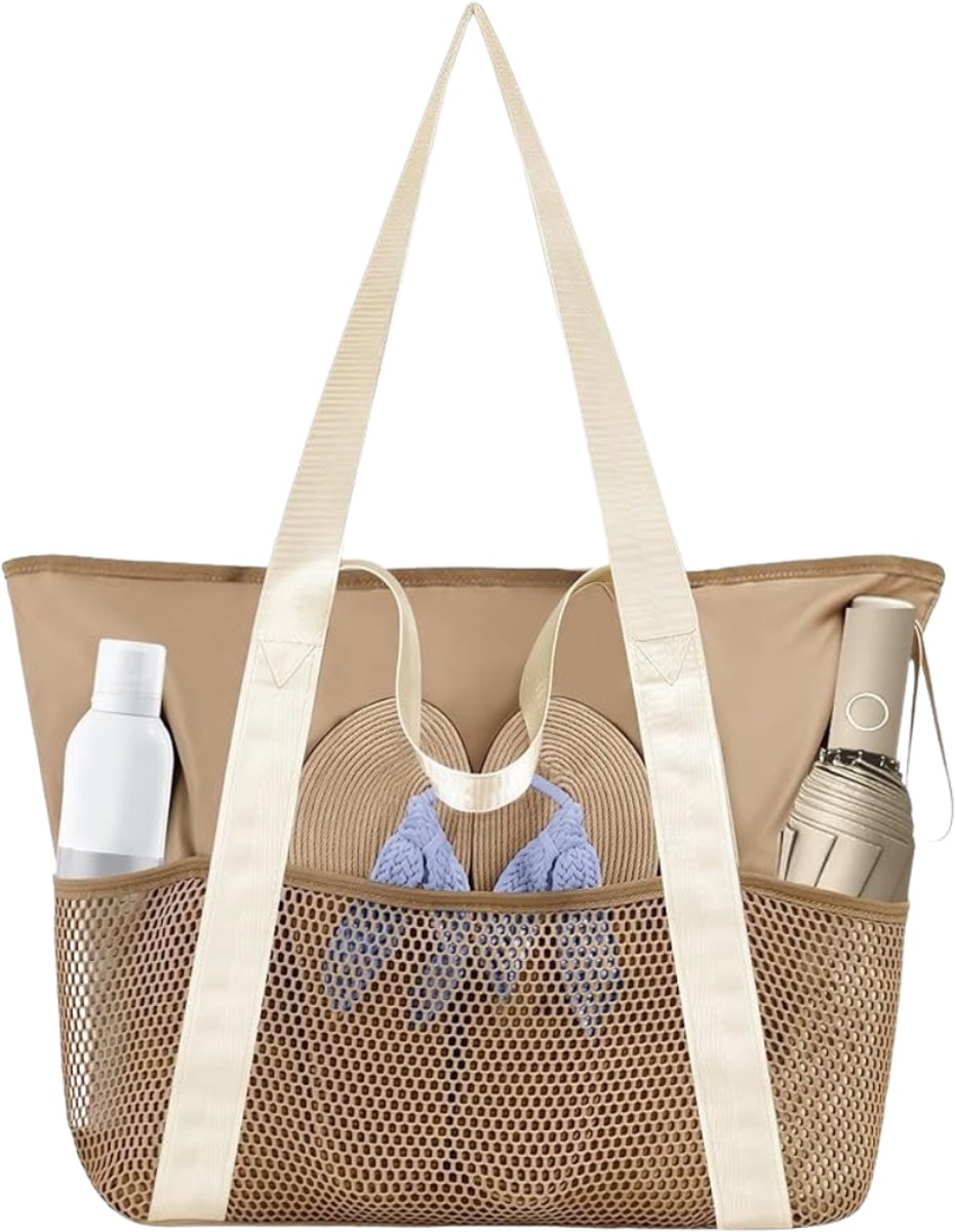 Ultiluxe® Strandtas voor dames - Beige/bruin - Schoudertas voor het strand met ritssluiting - Tas met binnenvak - 37 x 38 x 16 cm - Zandbestendig - Ruime inhoud