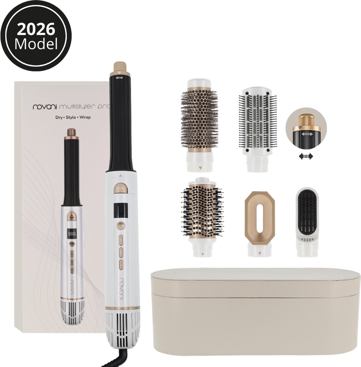 Novani Airstyler Pro – 6-in-1 Multistyler Föhn – Krultang, Krulborstel & Stijlborstel – Ionentechnologie & Cold Shot – Inclusief Luxe Leren Opbergdoos