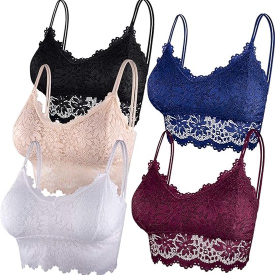 Set de 5 bralettes en dentelle avec rembourrage amovible pour femmes et filles, noir+blanc+nude+bordeaux+bleu royal, M