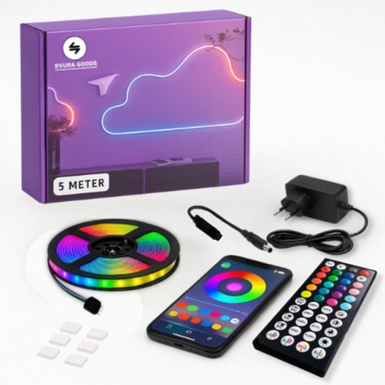 Evura Goods - Led strip - 5 meter - RGB - met afstandsbediening & telefoon app - Kerstverlichting - dimbaar - smart LED light verlichting - led-strips - timer en muziek modus - Led lights - smart home verlichting