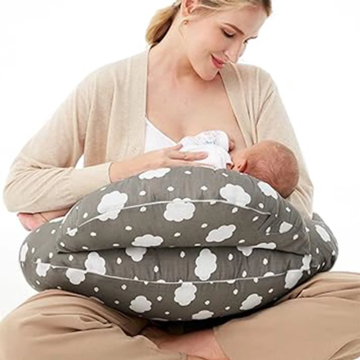 Mogi Products-Luxe Multifunctioneel Voedingskussen – Ergonomisch Borstvoedingskussen met Wolkenprint – Flesvoeding kussen – Grijs/Wit – Afneembare Hoes