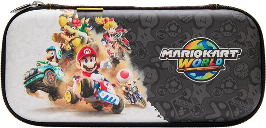Zwart hoesje met Mario Kart World print in kleur, met ritssluiting.