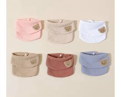 Il Bambini - 6 Stuks Hydrofiele Bandana Slabbetjes met beertje – 100% Katoen - Mousseline – Verstelbaar met Drukknoppen – Baby Slabbetjes – Zachte Kwijl Slab