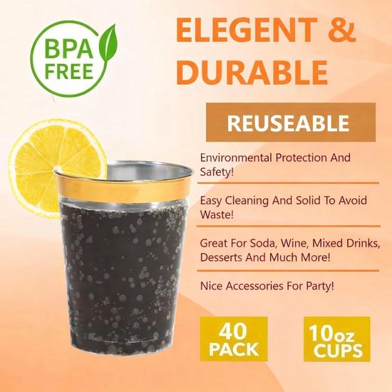 MATANA 120 Harde Plastic Bekers met Gouden Glitter, 255ml