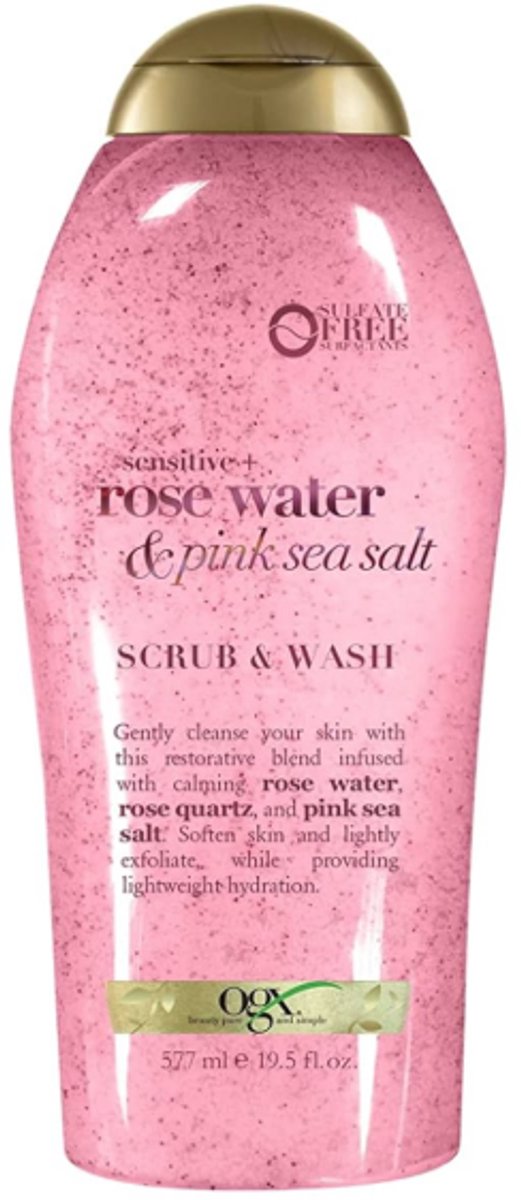 OGX Sensitive Rose Water & Pink Sea Salt Body Scrub + Rose Quartz – Zachte Exfoliërende Douche, Hydraterende Body Scrub & Wash voor Vrouwen, Sulfaatvrij, Dagelijks Gebruik 577ML