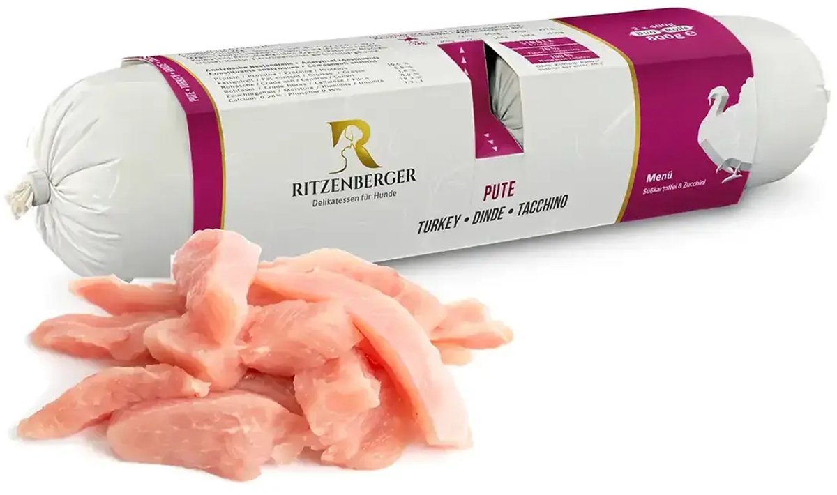 Ritzenberger Menu Kalkoen met zoete aardappel gestoomde worst. 24 x 400 gram (doos 12 rollen, 9,6 kilo totaal)