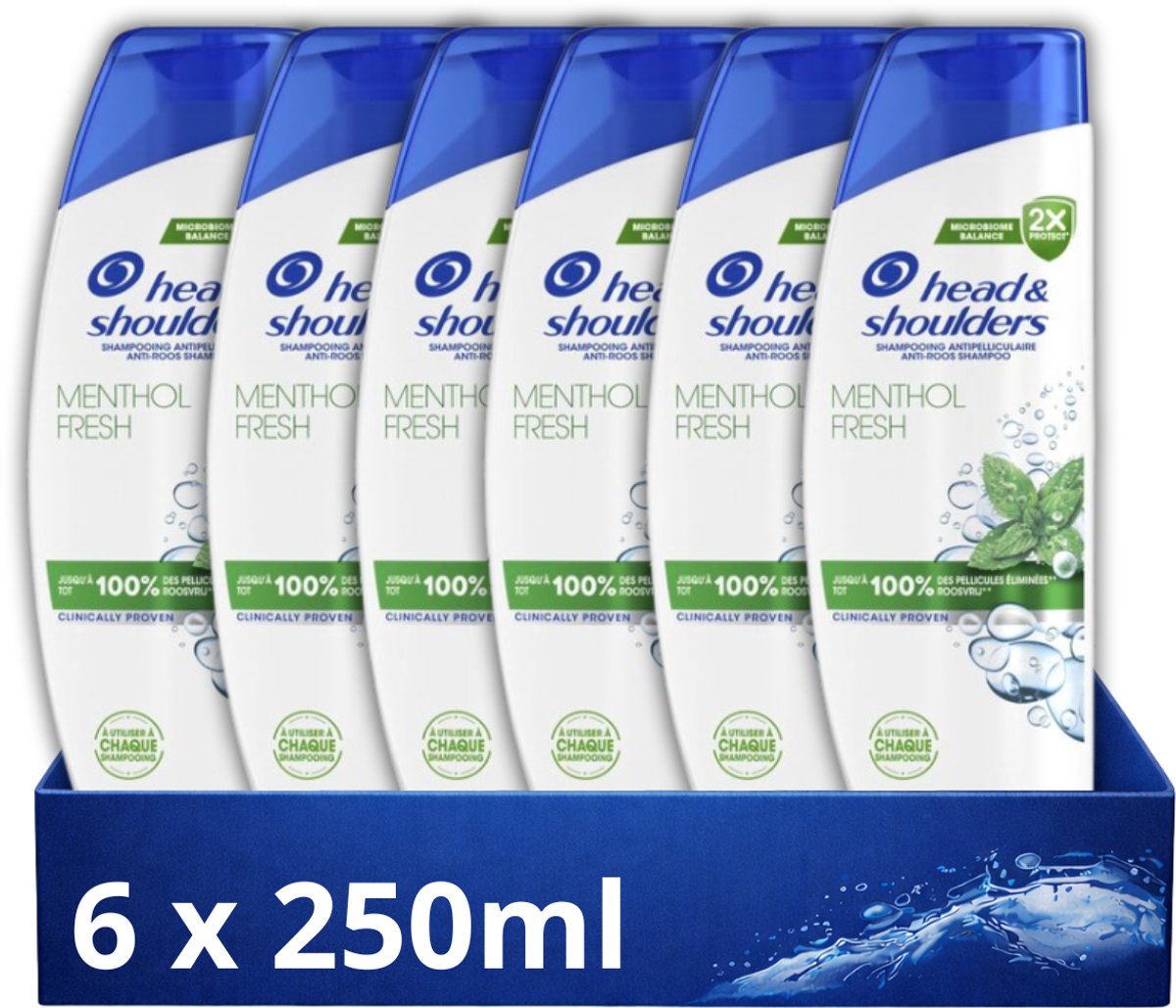 Head and Shoulders Anti-Roos Shampoo Menthol Fresh – 6x250ml – Voordeelverpakking – Dagelijks Gebruik – Verkoelend Fris Gevoel