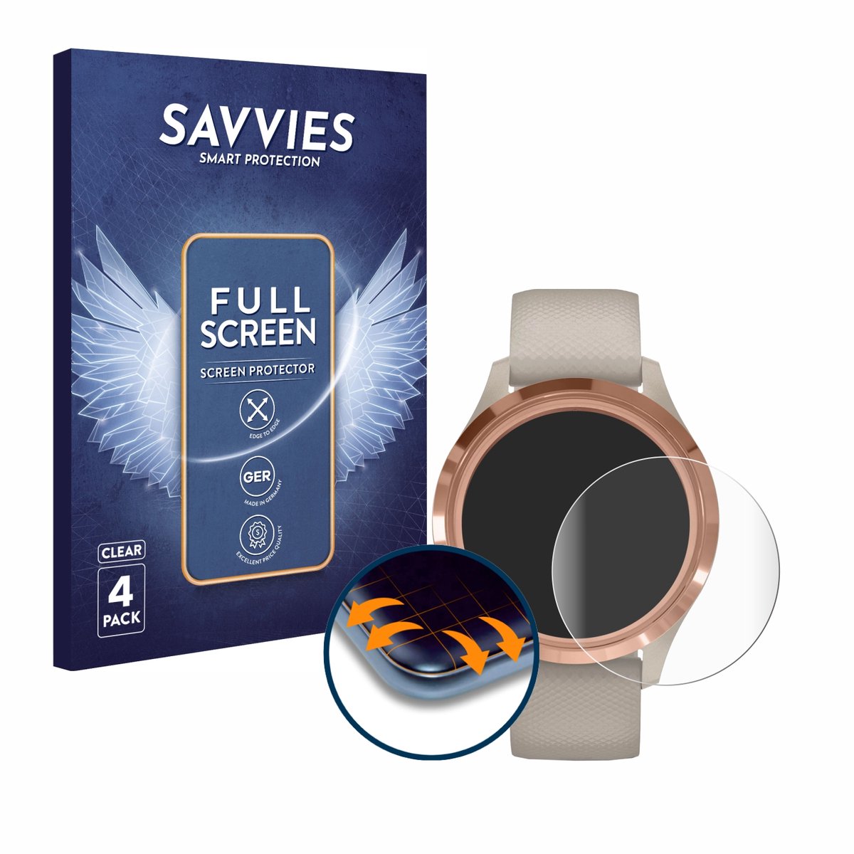 Savvies - Screenprotector voor Garmin vivomove 3S (39 mm) - Folie Beschermfolie transparant volledig dekking 4 Stuks