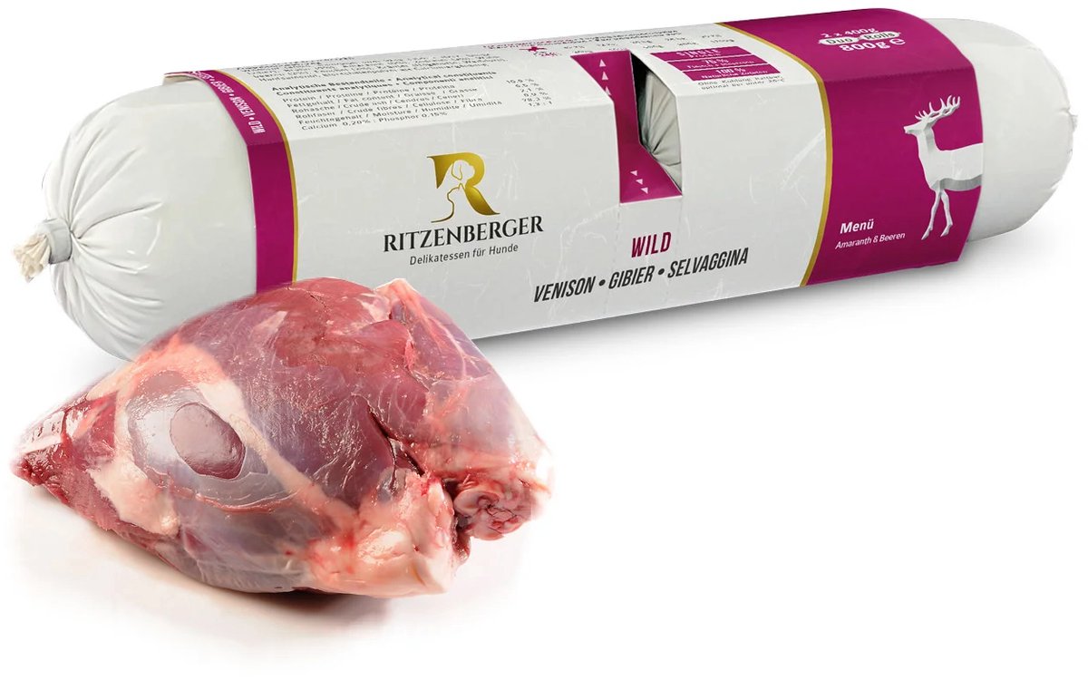 Ritzenberger Menu Wild met Amarant en bessen gestoomde worst. 24 x 400 gram (doos 12 rollen, 9,6 kilo totaal)