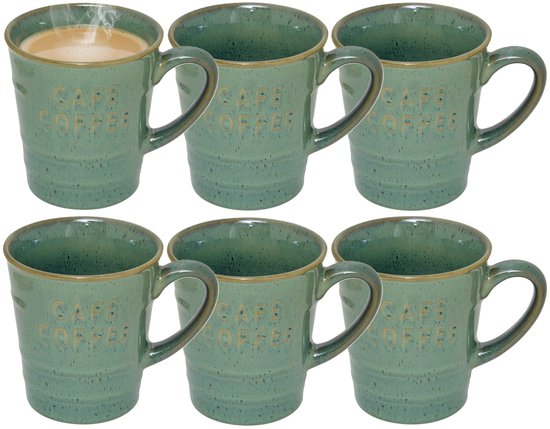 Ensemble de six tasses vertes 'CAFE COFFEE', dont une avec de la vapeur de café.