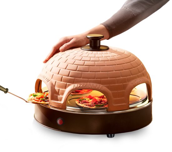 Emerio Pizzarette Origineel - 6 Persoons Pizza Oven - Handgemaakte Terracotta Koepel - 6 Geïsoleerde Bakspatels - RVS Bakplaat - Gourmetstel met Cool touch koepel - PO-115984 1200W