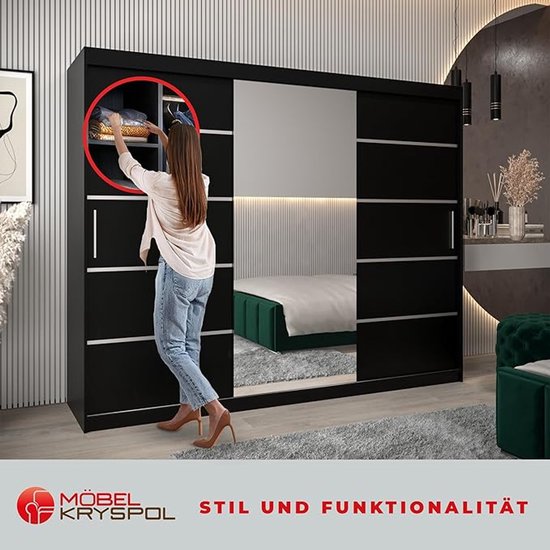 Zwarte kledingkast met spiegeldeuren, een vrouw opent een vak met kleding. 'Stil und Funktionalität'.