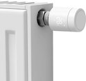 Witte radiatorthermostaat met digitaal display '28' bevestigd aan een witte radiator.