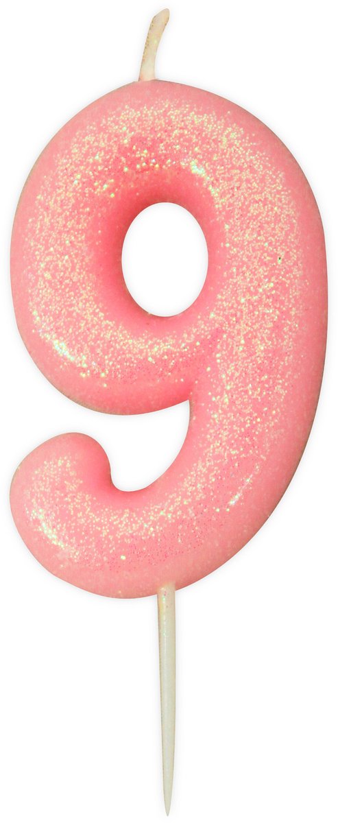 ANNIVERSARY HOUSE - Verjaardagskaars cijfer 9 roze iriserend 9 cm glitter voor taart