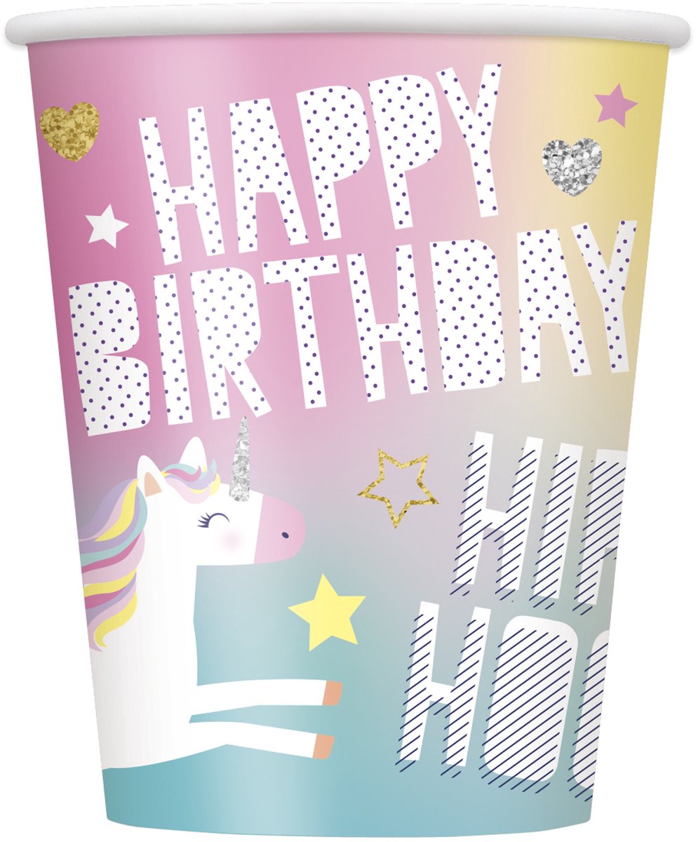 UNIQUE - 8 Kartonnen bekers Happy Birthday Eenhoorn Party 270 ml voor feest