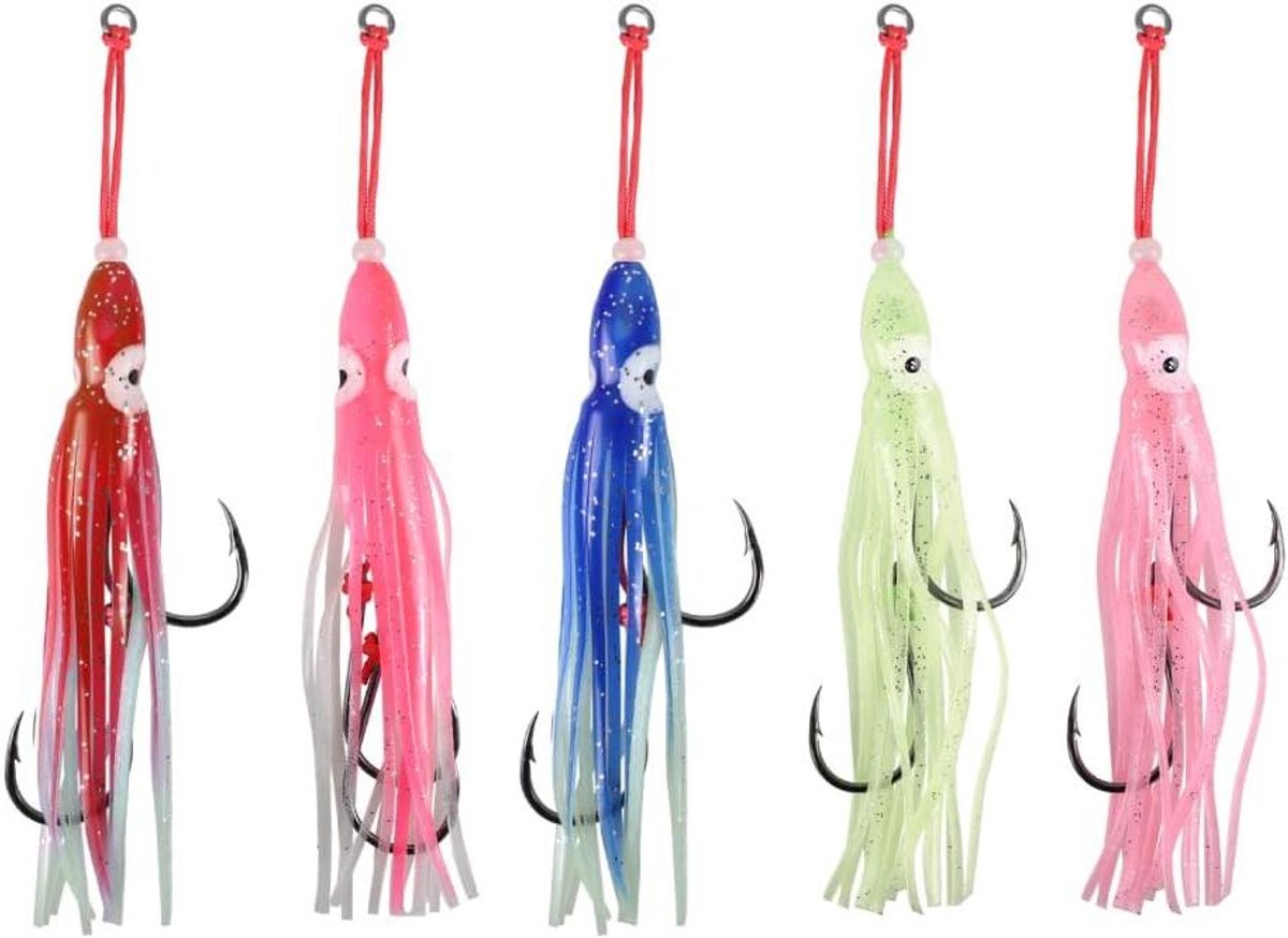 Allecto- Vissen kunstaas - Trollen - Lichtgevend - Octopus lokken - Zoutwater - 5 stuks - Geschikt voor oceaan vissen teaser kunstaas met haakrok en staart