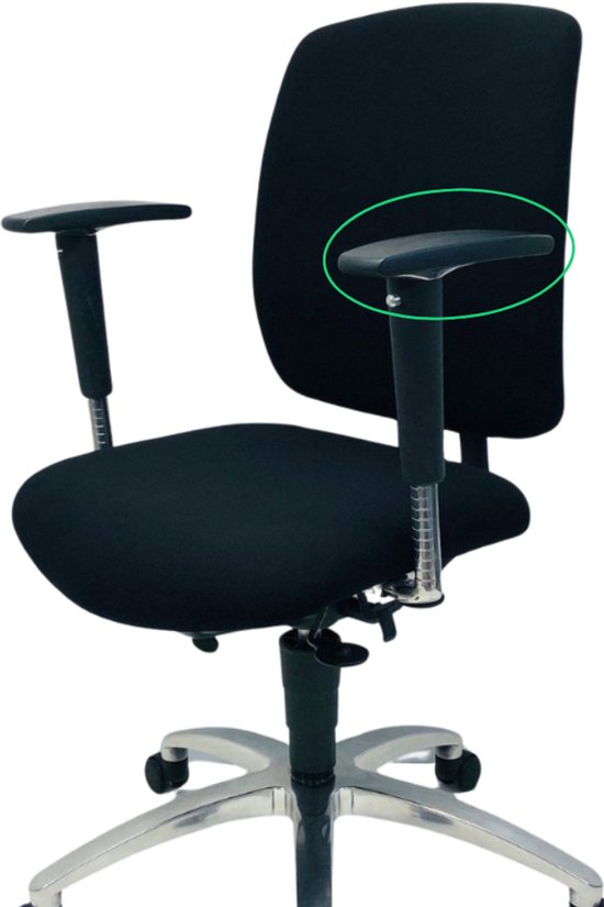 Zwarte bureaustoel met verstelbare armleuningen.