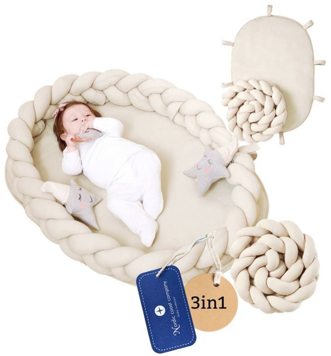 Gevlochten Babynest 3 in 1 Ivoor