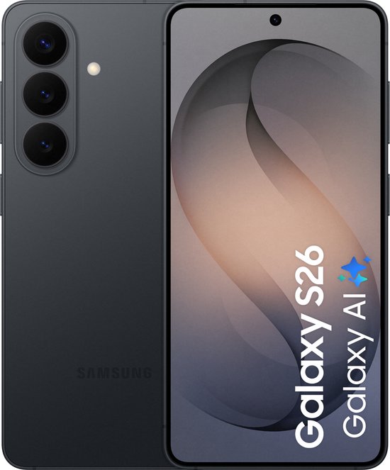 Zwarte Samsung Galaxy S26 smartphone, achterkant en voorkant met de tekst 'Galaxy S26 Galaxy AI'.