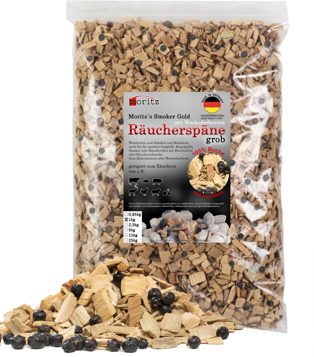 Rookspaanders beukenhout met jeneverbes, grof 6-12 mm, 1 kg voor rookoven en rookoven