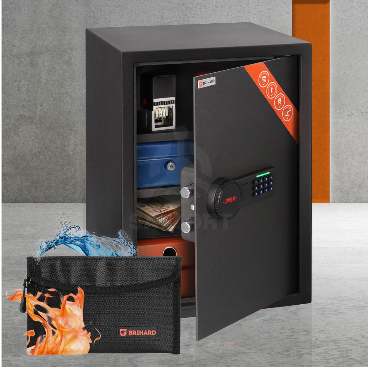 Brihard Business XL LCD E Kantoorkluis voor Ordners en Documenten Elektronisch Slot met LCD Display en Noodsleutel 4mm Stalen Deur Donkergrijs RAL 7015 Inclusief Verstelbare Plank Batterijen en Montagebouten Inbraakwerende Dossierkluis