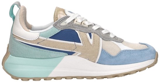 Vue latérale d'une sneaker aux couleurs vert menthe, bleu clair, beige et blanc. Un logo en forme de V bleu et beige.