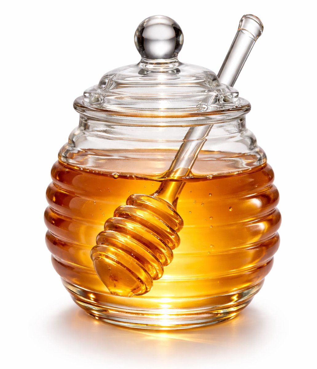 Glazen Honingpot met Deksel en Honinglepel – Borosilicaatglas – Transparant Design