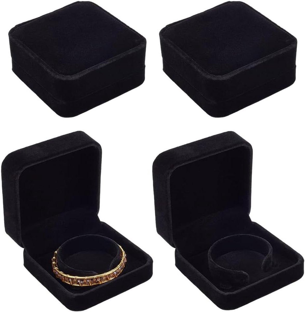 Fluwelen Armband Geschenkdozen - Vierkant Zwart - Sieraden Opbergdoos - Organizer voor Armbanden en Horloges - Set van 4 - 9x9cm