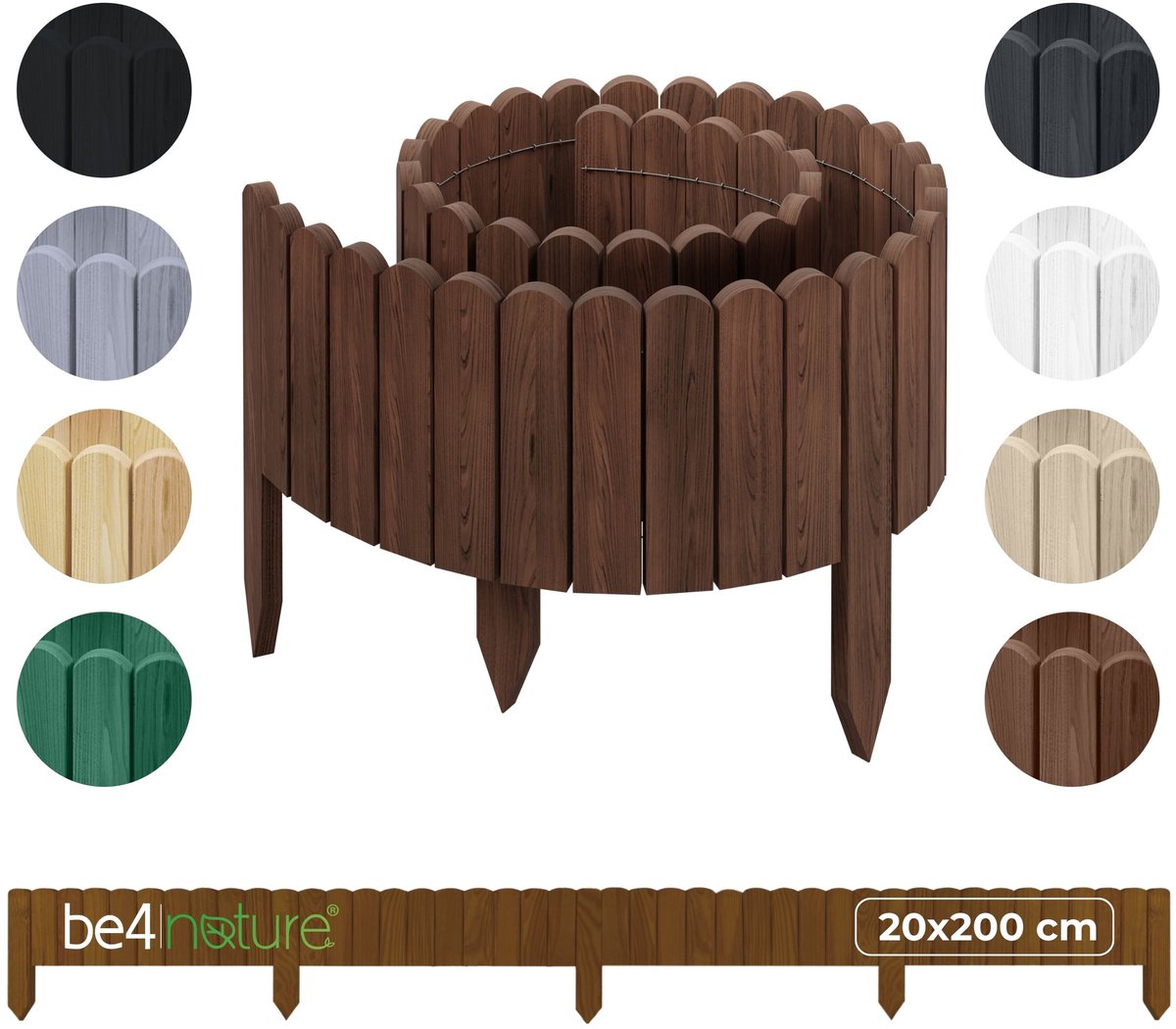 be4nature Flexibele houten border 20 x 200 cm Donkerbruin Geïmpregneerde rolborder plantenrand tuinhek decor palissade graskant