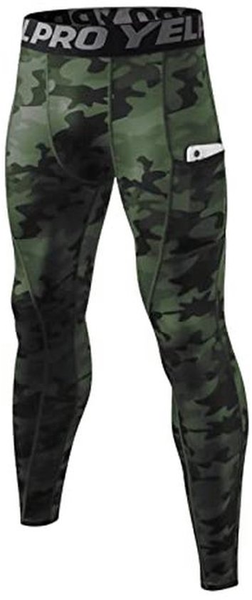 Heren sportlegging in groen-zwarte camouflageprint, met een zakje op de heup.