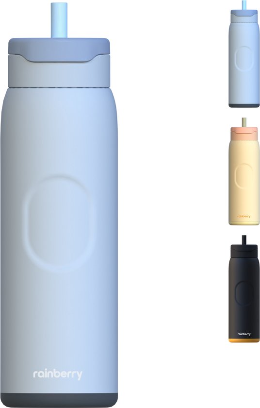 Rainberry® - 1,2 Liter XXL Drinkfles - RVS Geïsoleerde Waterfles met Rietje - 1200ml EXTRA GROOT FORMAAT - met Auto Bekerhouder - 100% lekvrij - Vaatwasserbestendig - Neptune/Blauw