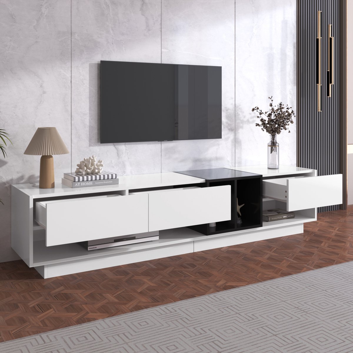 OKWISH Tv Meubel - Hoogglans Afwerking - Voor Woonkamer - Spaanplaat Wit En Zwart - 190x40x42 Cm Met 3 Lades En 2 Open Vakken