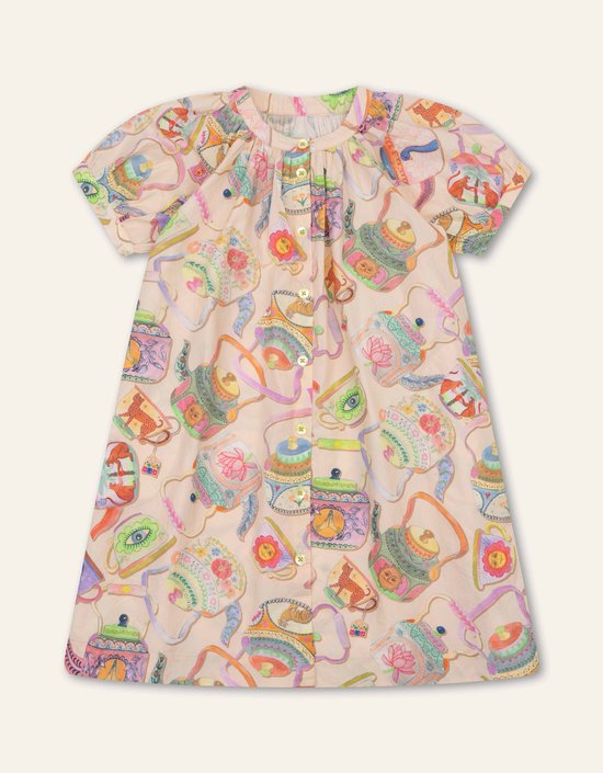 Robe rose clair à manches courtes avec un imprimé multicolore de théières, d'éléphants et de fleurs.