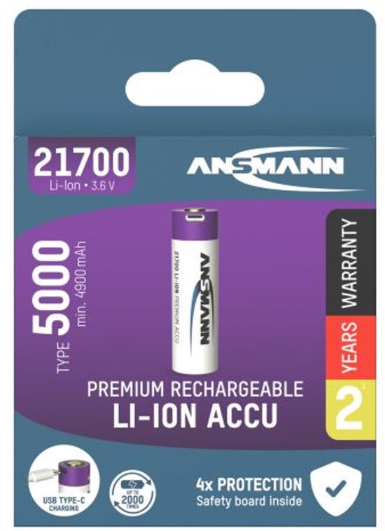 Ansmann 21700 Li-Ion accu met USB-C oplaadaansluiting, 3.6V 5000mAh, met beschermingscircuit